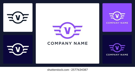 V letter logo and icon with circle and wings, vector template