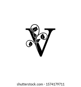 V Letter  logo icon. Monochrome Design concept logo  letter V with  leavesfor initial, fashion, restaurant, cafe, hotel and more brand identity.