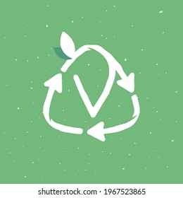 V letter logo inside reuse sign in grunge linear style. Flat design of recycling symbol and leaves for your upcoming eco-friendly and zero waste projects. 