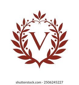 V Letter Logo Inside a Round Leafy Wreath