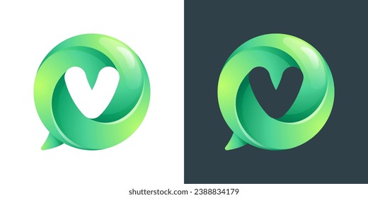 V letter logo inside speech bubble with swirl pattern. Negative space style icon. Colorful gradient emblem for your social media app, call center, online message, feedback icon, telemarketing screen.