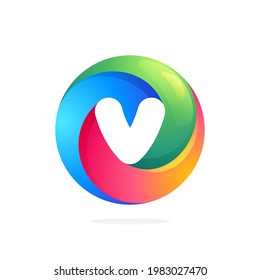 V letter logo inside swirling loop circle. Negative space style icon. Colorful gradient emblem for your social network app, fun avatar or loading screen.