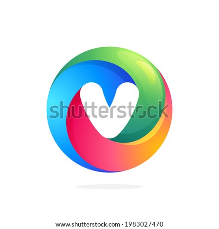 V letter logo inside swirling loop circle. Negative space style icon. Colorful gradient emblem for your social network app, fun avatar or loading screen.