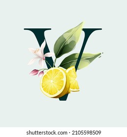 Logo de letra V con limones en el estilo de acuarela vectorial. Ilustración de hojas verdes, flores, brotes y ramas. Tazas de cítricos y zumos de batido.