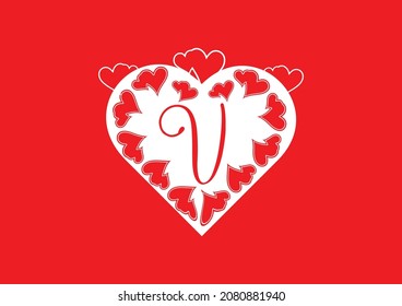 V letter logo with love icon, valentines day design template