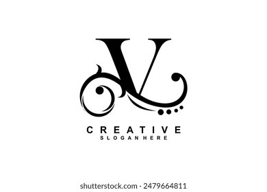 V letter logo with luxury black floral ornament. V monogram logo, V typography. suitable for business logos, companies, beauty, fashion, boutiques, etc