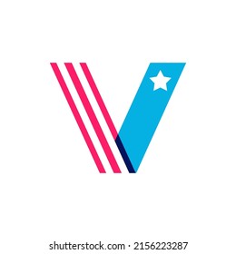 V letter logo made of American Stars and Stripes flag. Vector font for US history and 4th of July celebration in flat style. Perfect for Independence Day cards, invitations, banners.