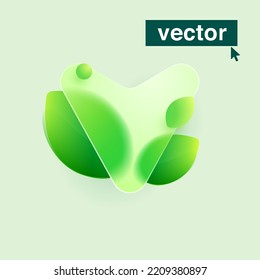 V letter logo made of green leaves under mate glass. Realistic Glassmorphism style. Vector blurry translucent icon. Eco transparent emblem for agriculture advertising, waste recycling, healthy food.