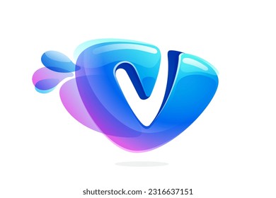 V letter logo made of spring water and dew drops. Environment friendly initial. Pure eco emblem in overlapping watercolor style. 3D realistic icon in round triangle arrow shape. Vector play button.