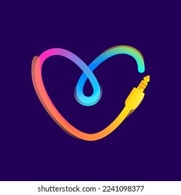 V letter logo made of vivid gradient line wire with mini jack icon and rainbow shine. Overlapping multicolor emblem. Ideal for music app, audio design, DJ identity, technology advertising.