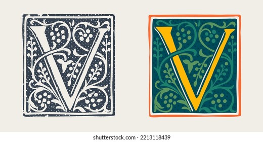 V letter logo in medieval gothic style. Set of dim colored and monochrome grunge style emblems. Engraved initial drop cap. Perfect for vintage premium identity, Middle Ages posters, luxury packaging.