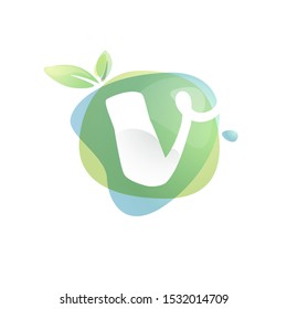 V letter logo with negative space at green watercolor splash background. Vector elements for organic food labels, ecology presentation, card etc.