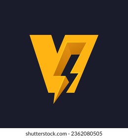 V letter logo with negative space lightning. Flash vector monogram. Electric bolt icon. Perfect type for energy labels, superhero t-shirt print, rock music posters, delivery art, electromobile adv.