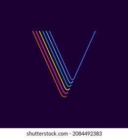 V letter logo in neon light style. Six thin lines colored font. Perfect for casino events posters, vivid emblem, nightlife banner and futuristic identity. 