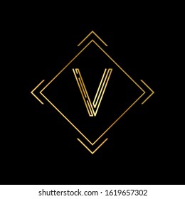 V letter logo with nice black background.Nice gold frame logo.V letter icon.