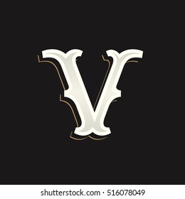 V letter logo with old serif on the dark background. Vintage vector typeface for labels, headlines, posters, cards etc.