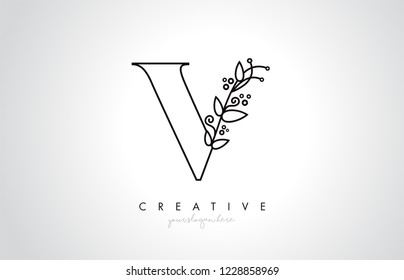 V Letter Logo With Organic Monogram Plant Leafs Detail and Circle Design. Creative Letter Icon Logo.