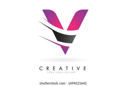 V Letter Logo with Pink and Grey Colorblock Design and Creative Cut. Creative logo design.