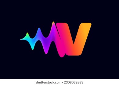 V letter logo with pulse music player element. Vibrant sound wave flow line and glitch effect. Neon gradient icon. Vector template for techno store, electronic music, audio equalizer, DJ posters.