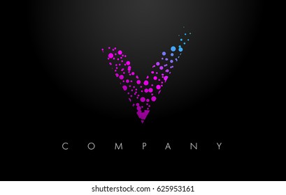 V Letter Logo with Purple Blue Particles and Bubble Dots Design Vector.