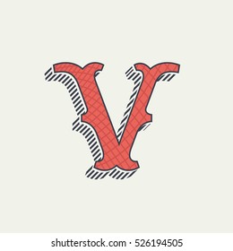 V letter logo. Retro western alphabet with line texture. Slab serif font. Vector vintage typography for your posters, sportswear, club t-shirt, banner, etc.