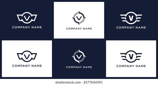 V letter logo set with compass, wing, and ring, editable vector bundle