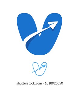 V letter logo set consisting of line and negative space paper plane icons. Designed for flight company advertising, travel sign, airways identity, etc.