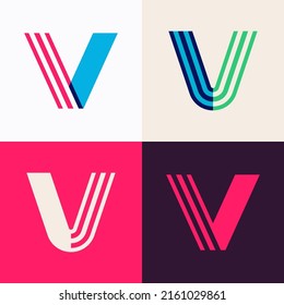V letter logo set made of overlapping lines. Perfect for applique art, children design, vibrant advertising, mosaic packaging, pattern identity.