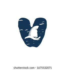 V letter logo with shark's fin. Hand drawn monochrome vintage nautical style. Perfect for clothing labels, apparel print, retro posters etc.