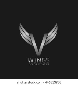 V letter logo. Silver wings symbol. Silver V letter logo template for air company