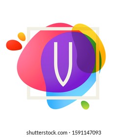V letter logo in square frame at watercolor splash background. Color overlay style. Vector typeface for labels, headlines, posters, cards etc.