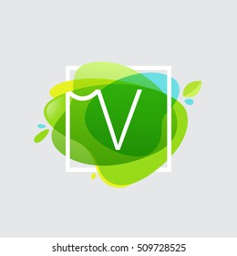 V letter logo in square frame at green watercolor splash background. Green art. Vector ecology typography for your posters, invitations, cards. 
