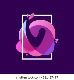 V letter logo in square frame at multicolor splash background. Vector typography for your posters, invitations, cards. 