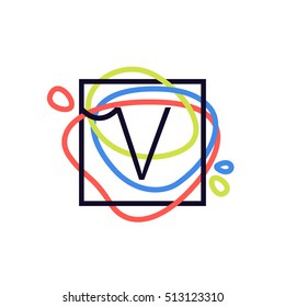V letter logo in square frame at colorful line background. Font style, vector design template elements for your posters, invitations, cards. 