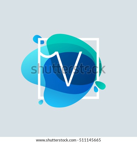 V letter logo in square frame at blue watercolor splash background. Vector ecology typography for your posters, invitations, cards. 