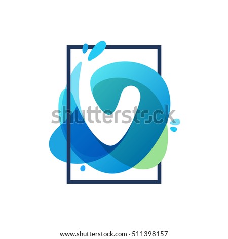 V letter logo in square frame at blue watercolor splash background. Vector ecology typography for your posters, invitations, cards. 