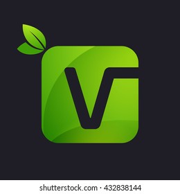 V letter logo with square and green leaves.