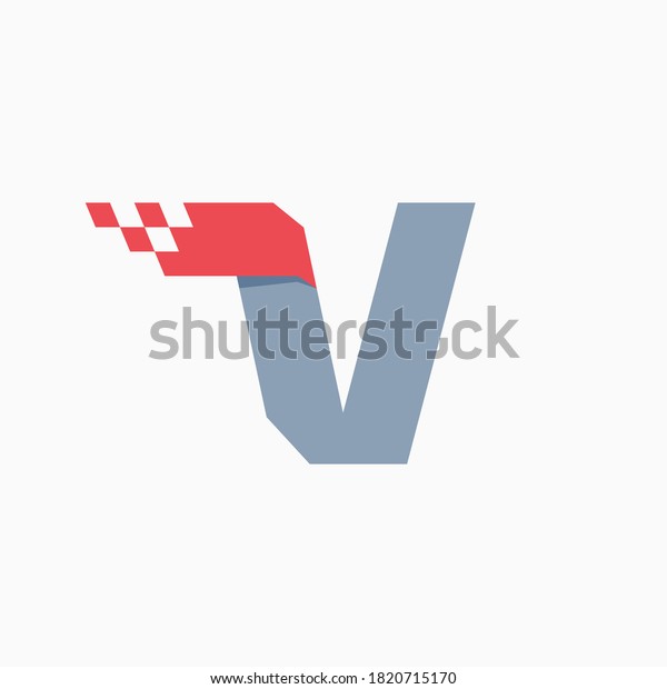 V letter logo with taxi checkered pattern line.
Perfect for transport company advertising, sportswear sign, furious
identity, etc.