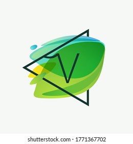 V letter logo in triangle frame at green leaves watercolor background. Vector ecology typeface for botanical labels, landscape headlines, recycle posters, organic cards etc.