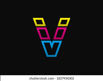V letter logo, vector desing font .Dynamic cmyk split blue, pink, yellow color on black background. For social media,design elements, creative poster, web template etc.