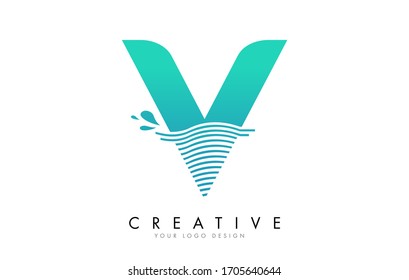 Logotipo de la letra V con Waves y naftalos de agua Ilustración vectorial de diseño.