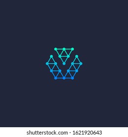 V letter logo in wireframe hexagon shape