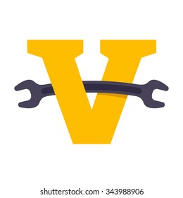 V letter logo with wrench. Vector repair design template elements for your application or corporate identity.