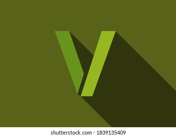 V Letter with long shadow, green colors cutting style. For logo, brand label, design elements, corporate identity, application & more. Vector editable illustration.