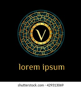V letter luxury golden monogram. Hotel logo (sign, symbol, icon, enblem, label). Boutique logo, Restaurant logo. Vector illustration