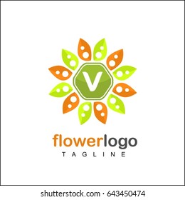 V letter. Luxury green & orange flower vector logo design. Corporate identity with leaves and water waves.