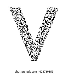 V letter made of musical notes on white background. Alphabet for art school. Trendy font. Graphic decoration.