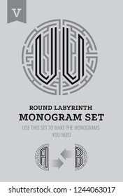 V letter maze. Set for the labyrinth logo and monograms, coat of arms, heraldry.
