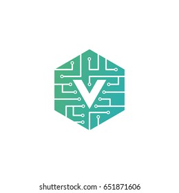 V Letter, Modern Chip Connection Logo Template Design