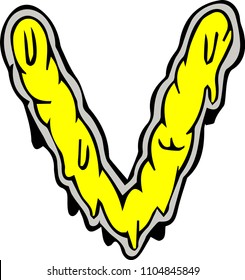 V letter only melt uppercase collection.design free hand drawing funny illustration style . create funny comic symbol and sign yellow liquid flow alphabet set